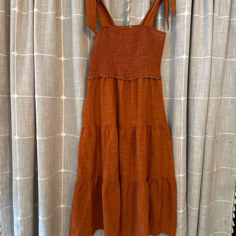 Rust Orange tie shoulder tiered Dress